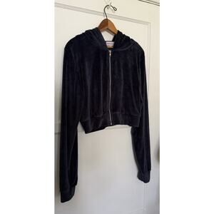 Danielle Guizio Cropped Navy Blue Hoodie Track Jacket Velour Velvet Sweatshirt L